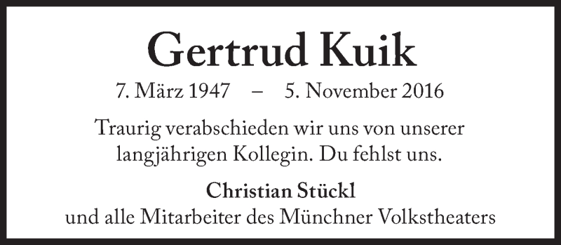  Traueranzeige für Gertrud Kuik vom 11.11.2016 aus Süddeutsche Zeitung