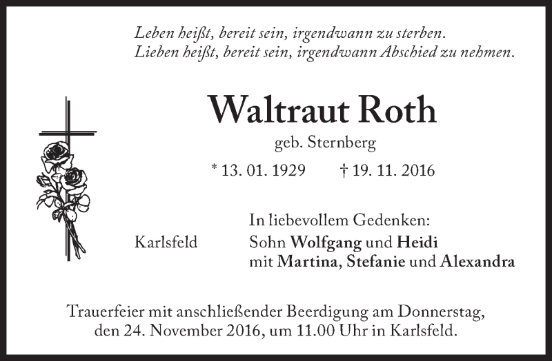  Traueranzeige für Waltraut Roth vom 22.11.2016 aus Süddeutsche Zeitung