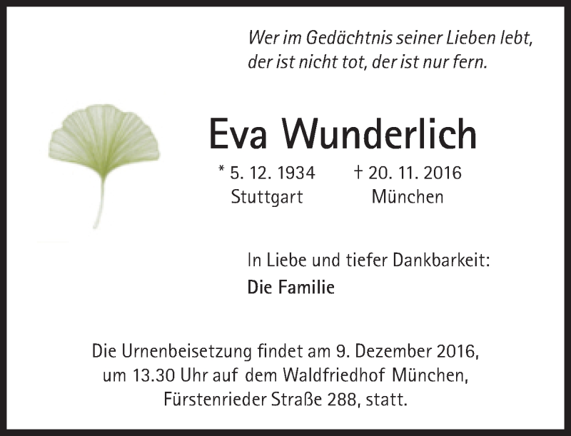  Traueranzeige für Eva Wunderlich vom 26.11.2016 aus Süddeutsche Zeitung