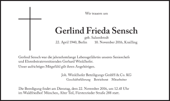 Traueranzeige von Gerlind Frieda Sensch von Süddeutsche Zeitung