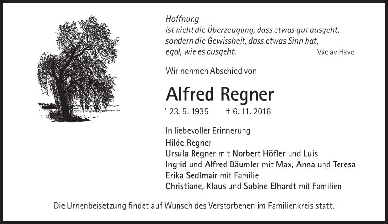 Traueranzeigen Von Alfred Regner | SZ-Gedenken.de