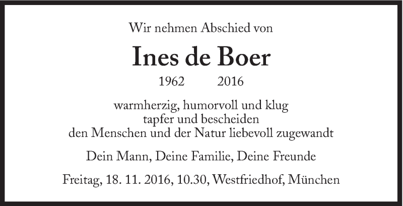  Traueranzeige für Ines  de Boer vom 14.11.2016 aus Süddeutsche Zeitung