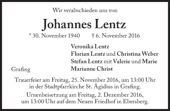 Traueranzeige von Johannes Lentz von Süddeutsche Zeitung