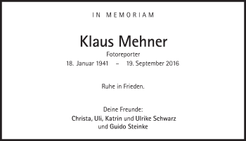 Traueranzeige von Klaus Mehner von Süddeutsche Zeitung
