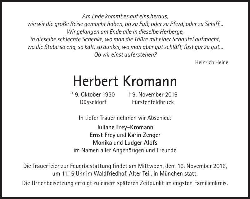  Traueranzeige für Herbert Kromann vom 12.11.2016 aus Süddeutsche Zeitung