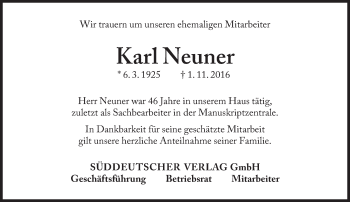 Traueranzeige von Karl Neuner von Süddeutsche Zeitung