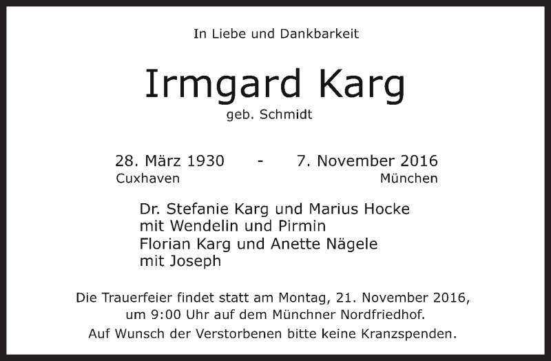  Traueranzeige für Irmgard Karg vom 12.11.2016 aus Süddeutsche Zeitung