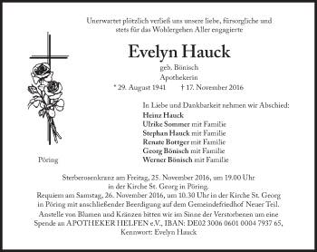 Traueranzeige von Evelyn Hauck von Süddeutsche Zeitung