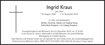 Traueranzeige von Ingrid Kraus von Süddeutsche Zeitung