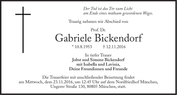 Traueranzeige von Gabriele Bickendorf von Süddeutsche Zeitung