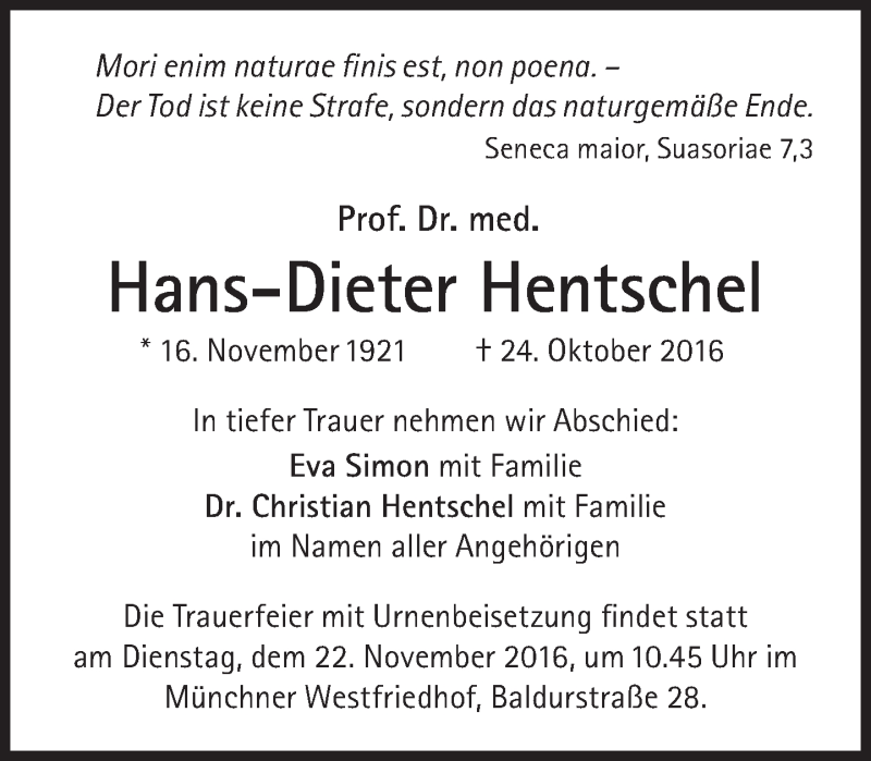  Traueranzeige für Hans-Dieter Hentschel vom 12.11.2016 aus Süddeutsche Zeitung