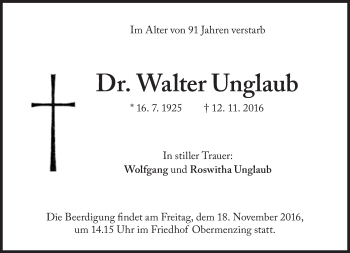 Traueranzeige von Walter Unglaub von Süddeutsche Zeitung