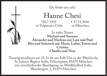 Traueranzeige von Hanne Chesi von Süddeutsche Zeitung