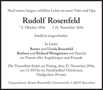 Traueranzeige von Rudolf Rosenfeld von Süddeutsche Zeitung