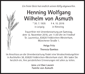 Traueranzeige von Henning Wolfgang Wilhelm von Asmuth von Süddeutsche Zeitung