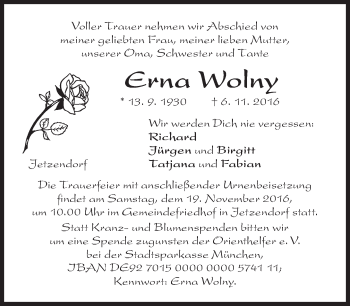 Traueranzeige von Erna Wolny von Süddeutsche Zeitung