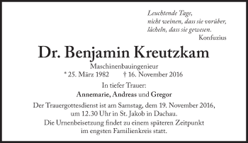 Traueranzeige von Benjamin Kreutzkam von Süddeutsche Zeitung