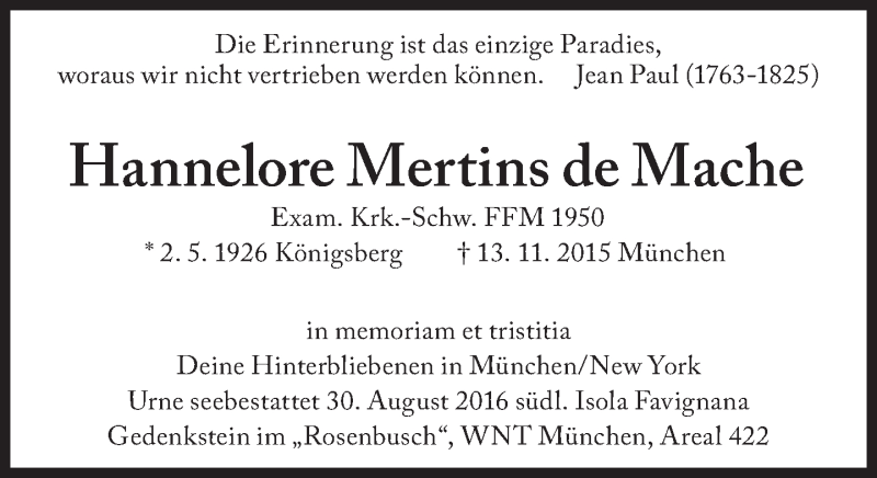  Traueranzeige für Hannelore Mertins de Mache vom 12.11.2016 aus Süddeutsche Zeitung