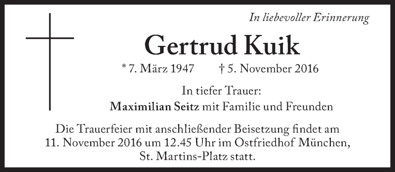  Traueranzeige für Gertrud Kuik vom 09.11.2016 aus Süddeutsche Zeitung