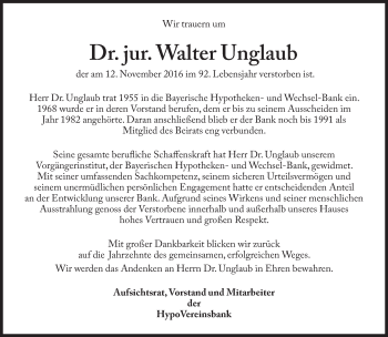 Traueranzeige von Walter Unglaub von Süddeutsche Zeitung