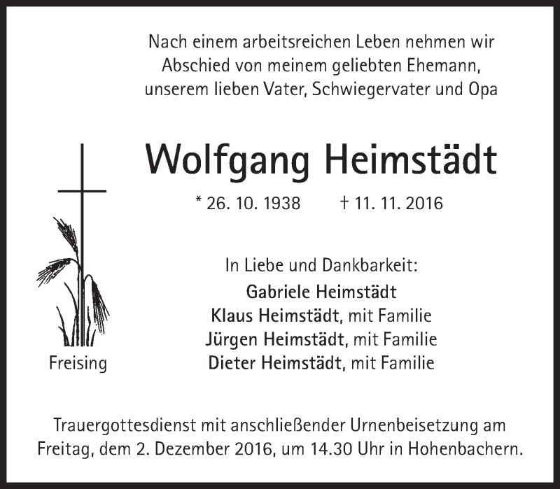  Traueranzeige für Wolfgang Heimstädt vom 26.11.2016 aus Süddeutsche Zeitung