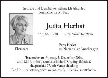 Traueranzeige von Jutta Herbst von Süddeutsche Zeitung