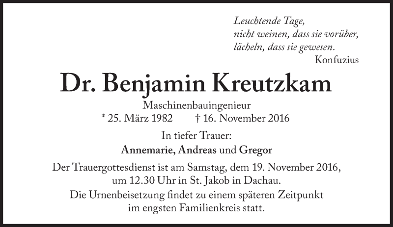  Traueranzeige für Benjamin Kreutzkam vom 17.11.2016 aus Süddeutsche Zeitung