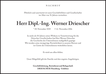 Traueranzeige von Werner Driescher von Süddeutsche Zeitung