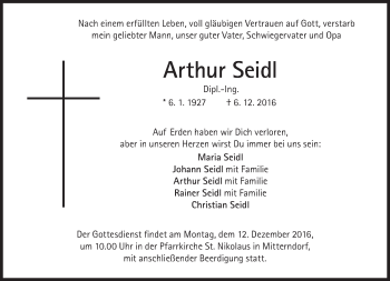 Traueranzeige von Arthur Seidl von Süddeutsche Zeitung
