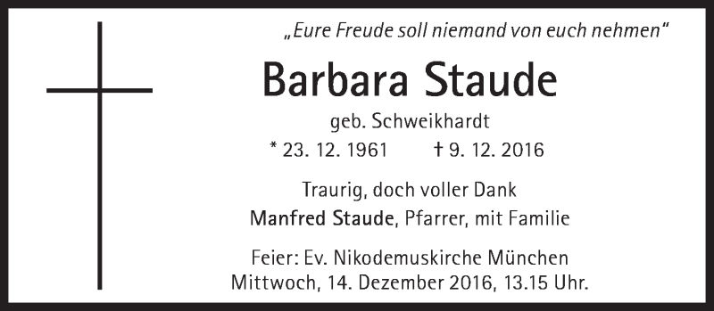 Traueranzeige für Barbara Staude vom 10.12.2016 aus Süddeutsche Zeitung
