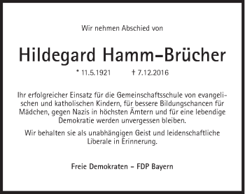 Traueranzeige von Hildegard Hamm-Brücher von Süddeutsche Zeitung