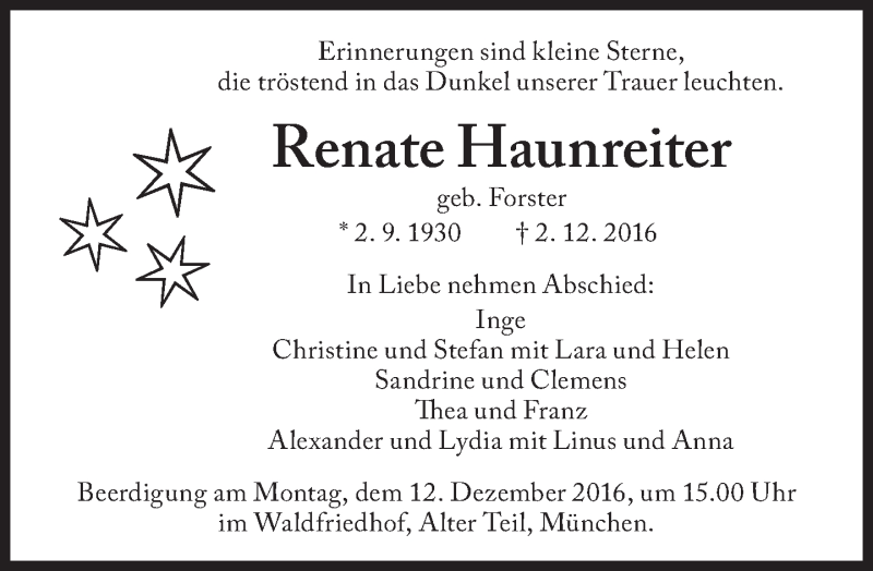  Traueranzeige für Renate Haunreiter vom 07.12.2016 aus Süddeutsche Zeitung