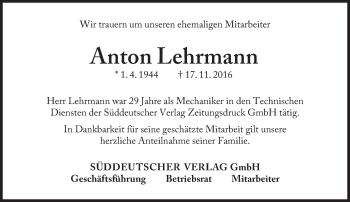 Traueranzeige von Anton Lehrmann von Süddeutsche Zeitung