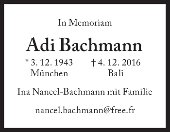 Traueranzeige von Adi Bachmann von Süddeutsche Zeitung