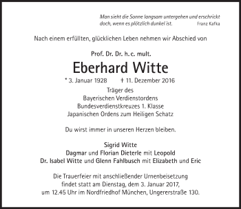Traueranzeige von Eberhard Witte von Süddeutsche Zeitung