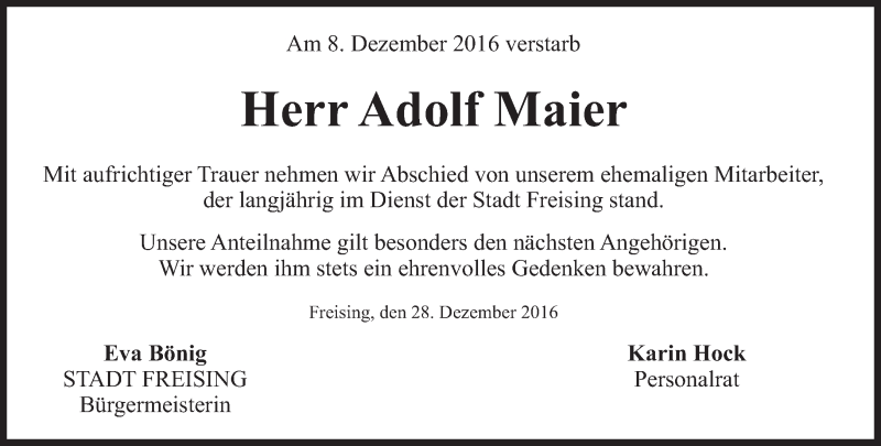  Traueranzeige für Adolf Maier vom 29.12.2016 aus Süddeutsche Zeitung