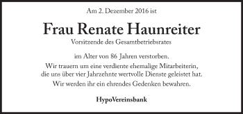 Traueranzeige von Renate Haunreiter von Süddeutsche Zeitung