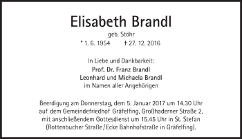 Traueranzeige von Elisabeth Brandl von Süddeutsche Zeitung