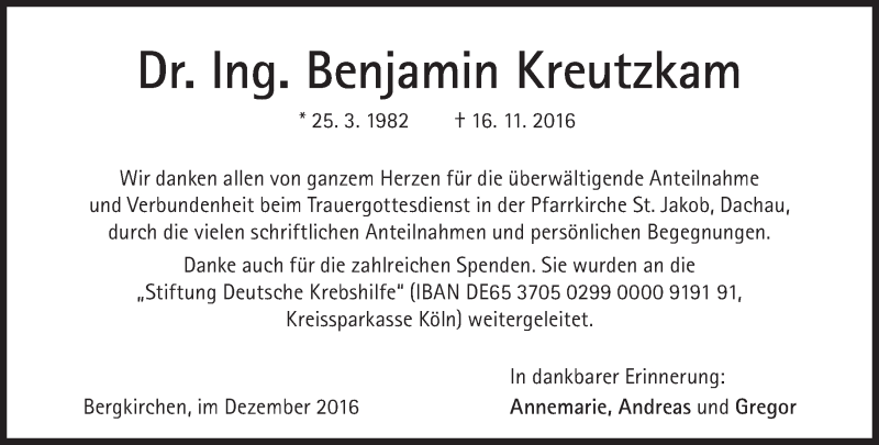  Traueranzeige für Benjamin Kreutzkam vom 03.12.2016 aus Süddeutsche Zeitung