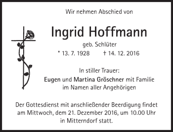 Traueranzeige von Ingrid Hoffmann von Süddeutsche Zeitung