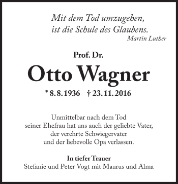 Traueranzeige von Otto Wagner von Süddeutsche Zeitung
