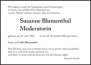 Traueranzeige von Susanne Blumenthal von Süddeutsche Zeitung