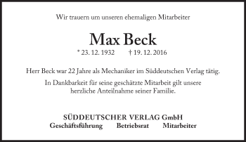 Traueranzeige von Max Beck von Süddeutsche Zeitung