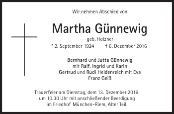 Traueranzeige von Martha Günnewig von Süddeutsche Zeitung