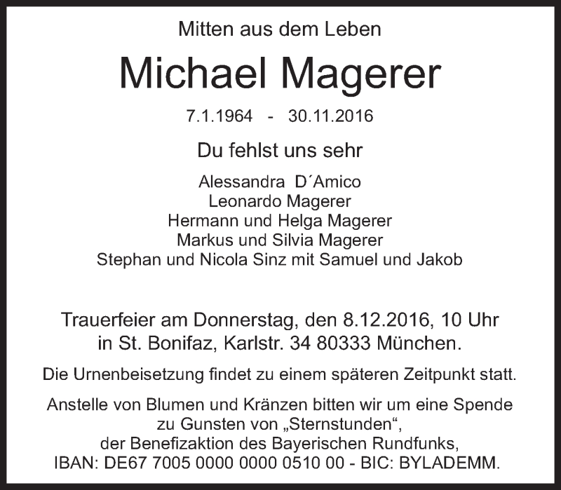  Traueranzeige für Michael Magerer vom 06.12.2016 aus Süddeutsche Zeitung