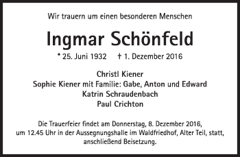 Traueranzeige von Ingmar Schönfeld von Süddeutsche Zeitung