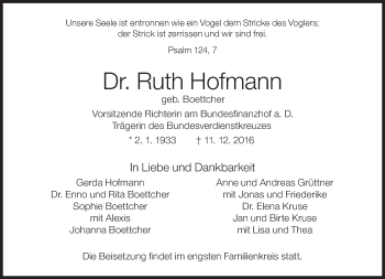 Traueranzeige von Ruth Hofmann von Süddeutsche Zeitung