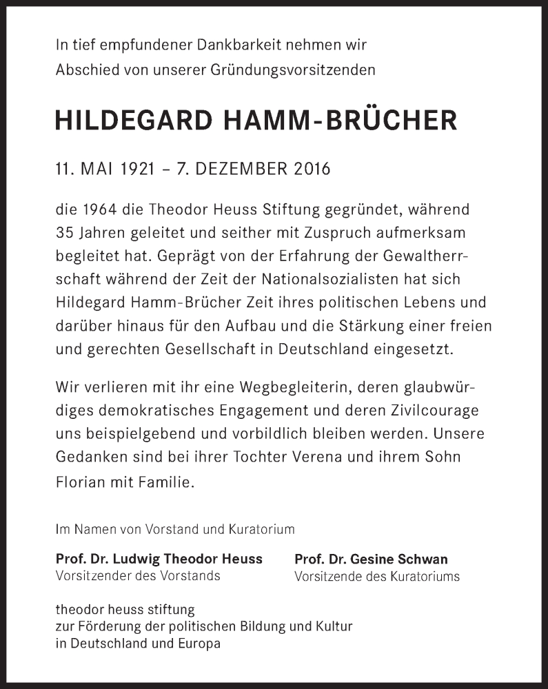  Traueranzeige für Hildegard Hamm-Brücher vom 12.12.2016 aus Süddeutsche Zeitung