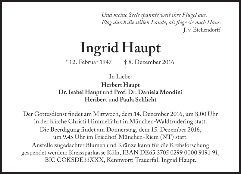  Traueranzeige für Ingrid Haupt vom 13.12.2016 aus Süddeutsche Zeitung