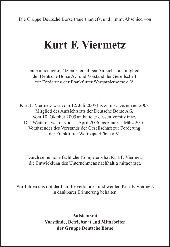  Traueranzeige für Kurt F. Viermetz vom 03.12.2016 aus Süddeutsche Zeitung